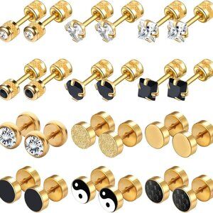 Delicate Gold Stainless Steel Cubic Zirconia Stud Earrings, Unisex, 12 Pairs